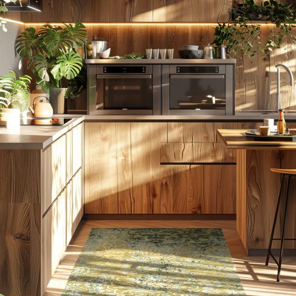 Tapete feito à mão em tons de verde como peça de destaque em uma cozinha de campo clara.